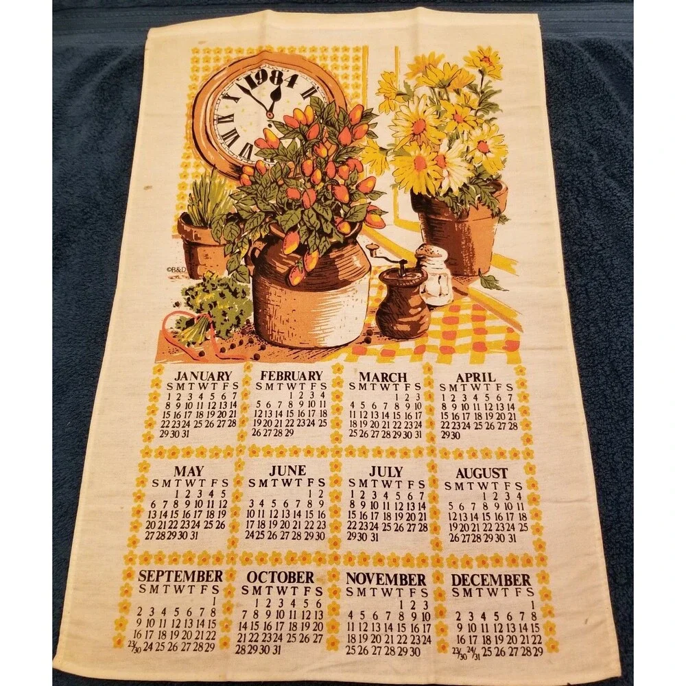 Vintage linen tea towel calendar flowers in vase and clock 1984 new old stock